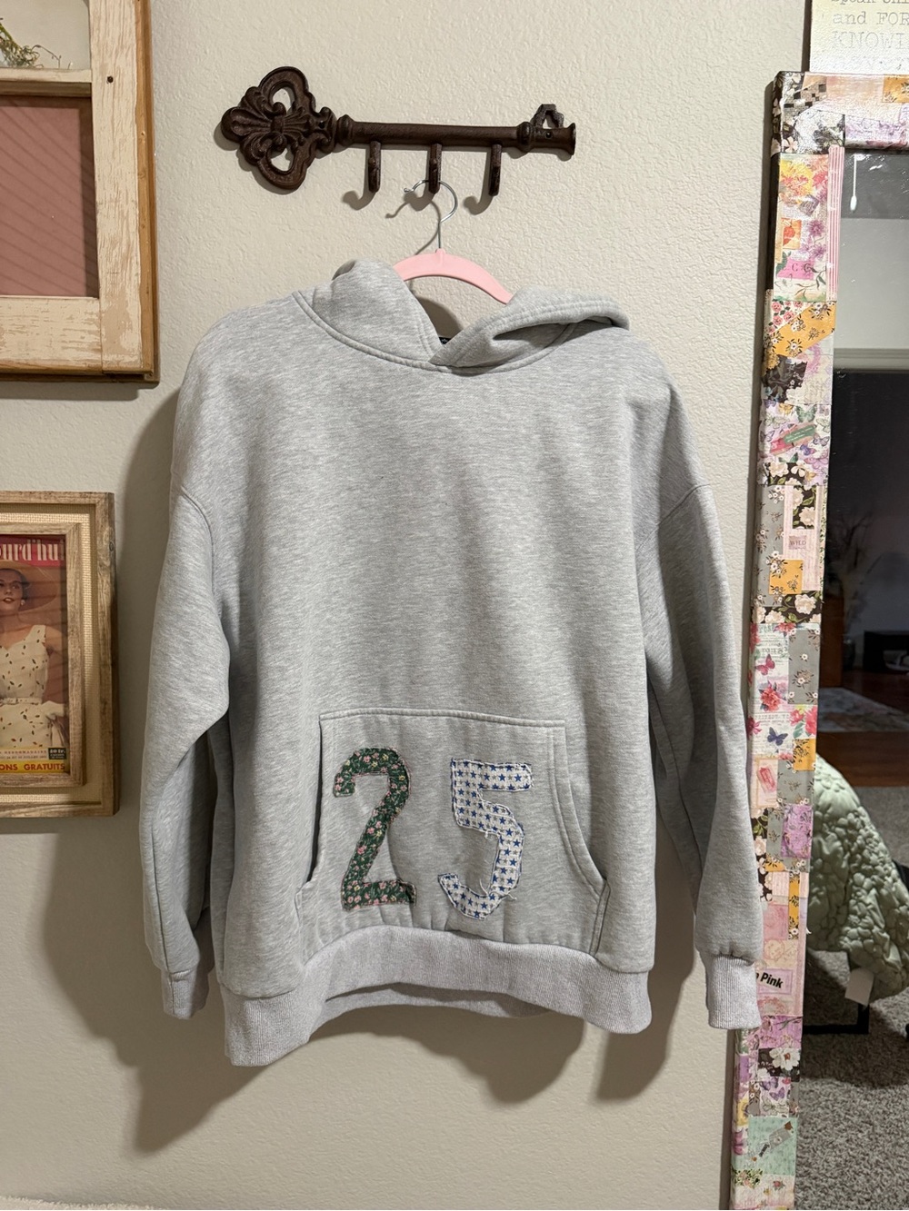 Gray Hooded Sweatshirt with Floral Patch Numbers